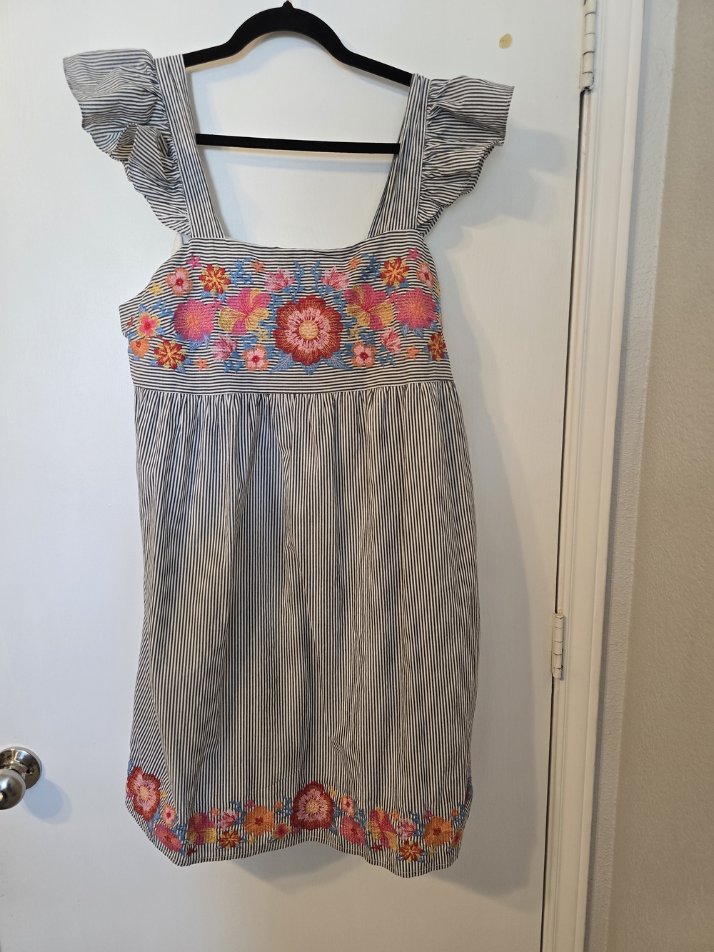 Savanna Jane Blue and White Striped Dress with Pink Orange Floral Embroidery
